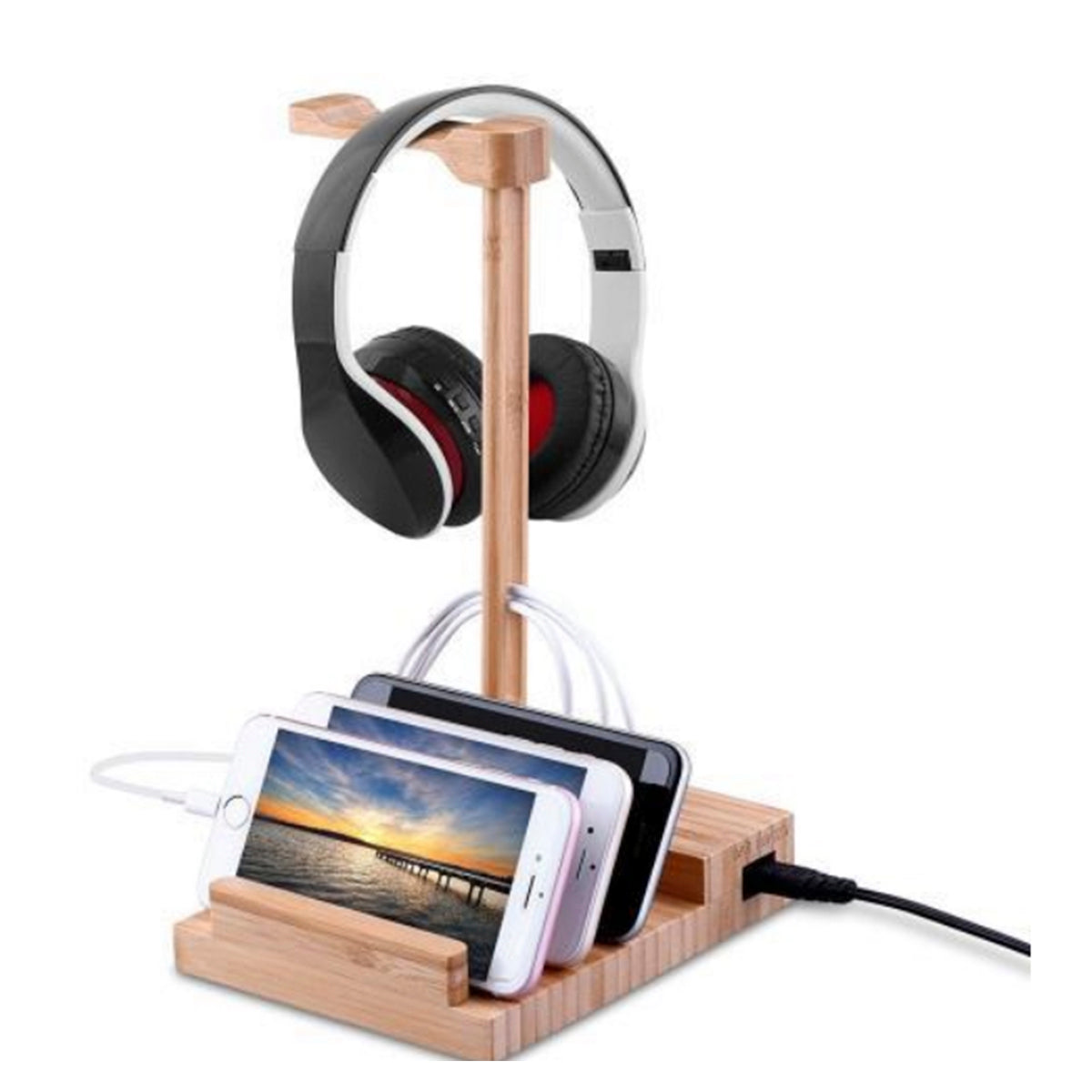 Station de Charge 2-en-1 en Bambou – 3 Ports USB, Support iPhone & Casque