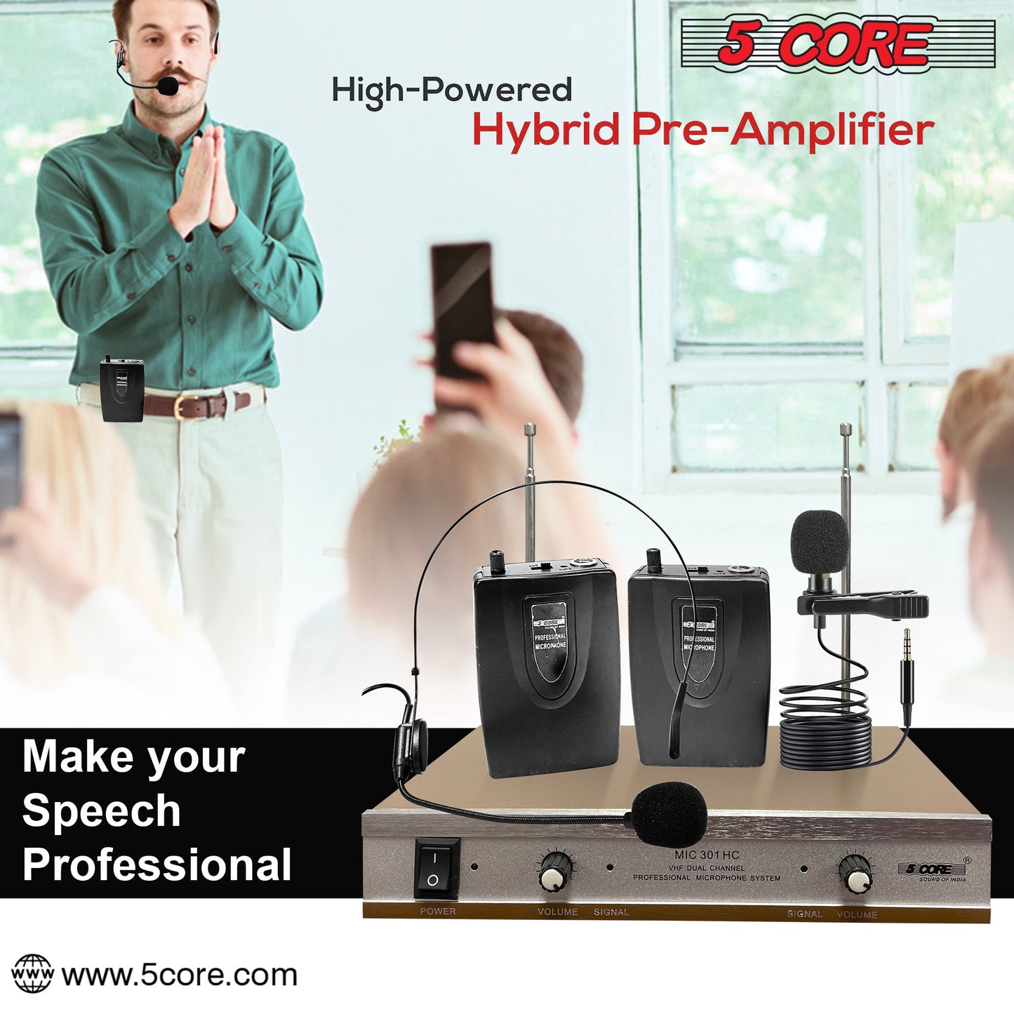 Kit Microphone Sans Fil 5Core – 1 Casque + 1 Micro Cravate + Récepteur VHF
