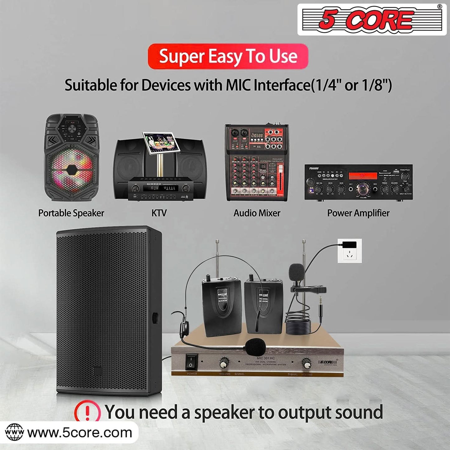 Kit Microphone Sans Fil 5Core – 1 Casque + 1 Micro Cravate + Récepteur VHF