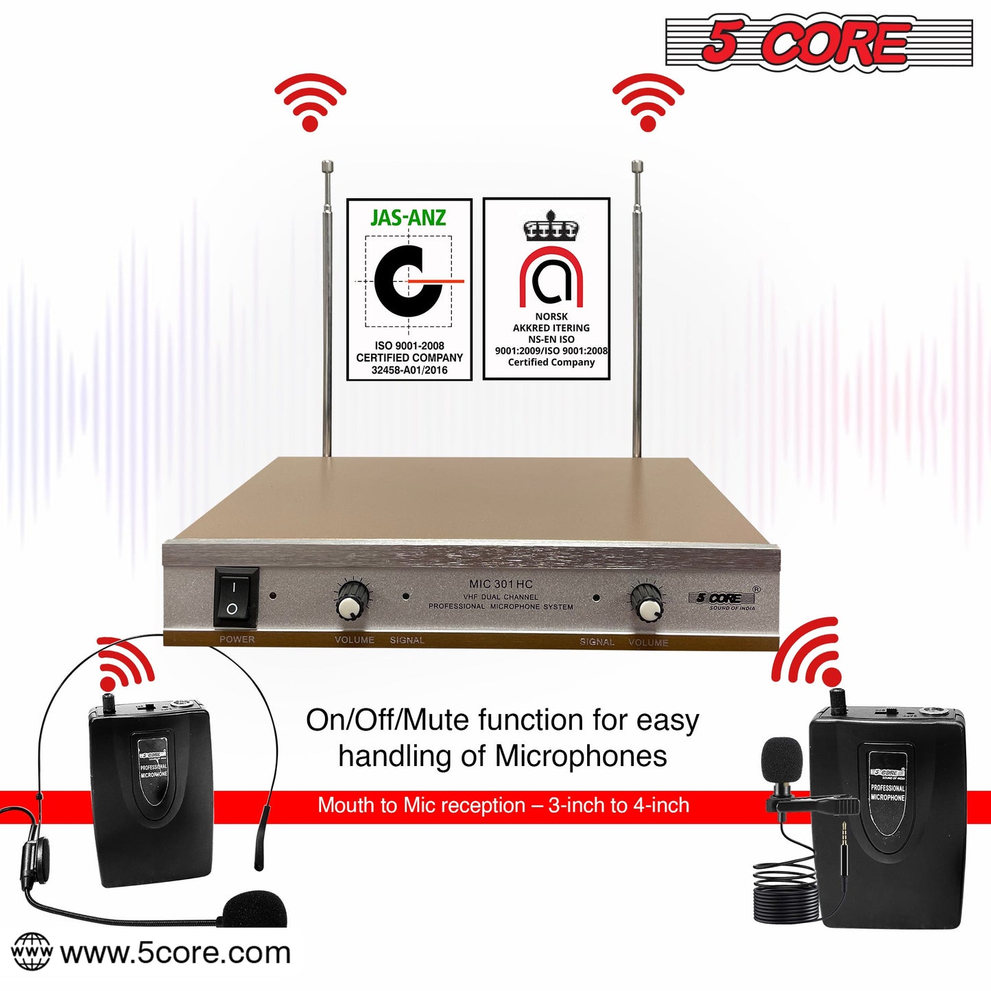 Kit Microphone Sans Fil 5Core – 1 Casque + 1 Micro Cravate + Récepteur VHF