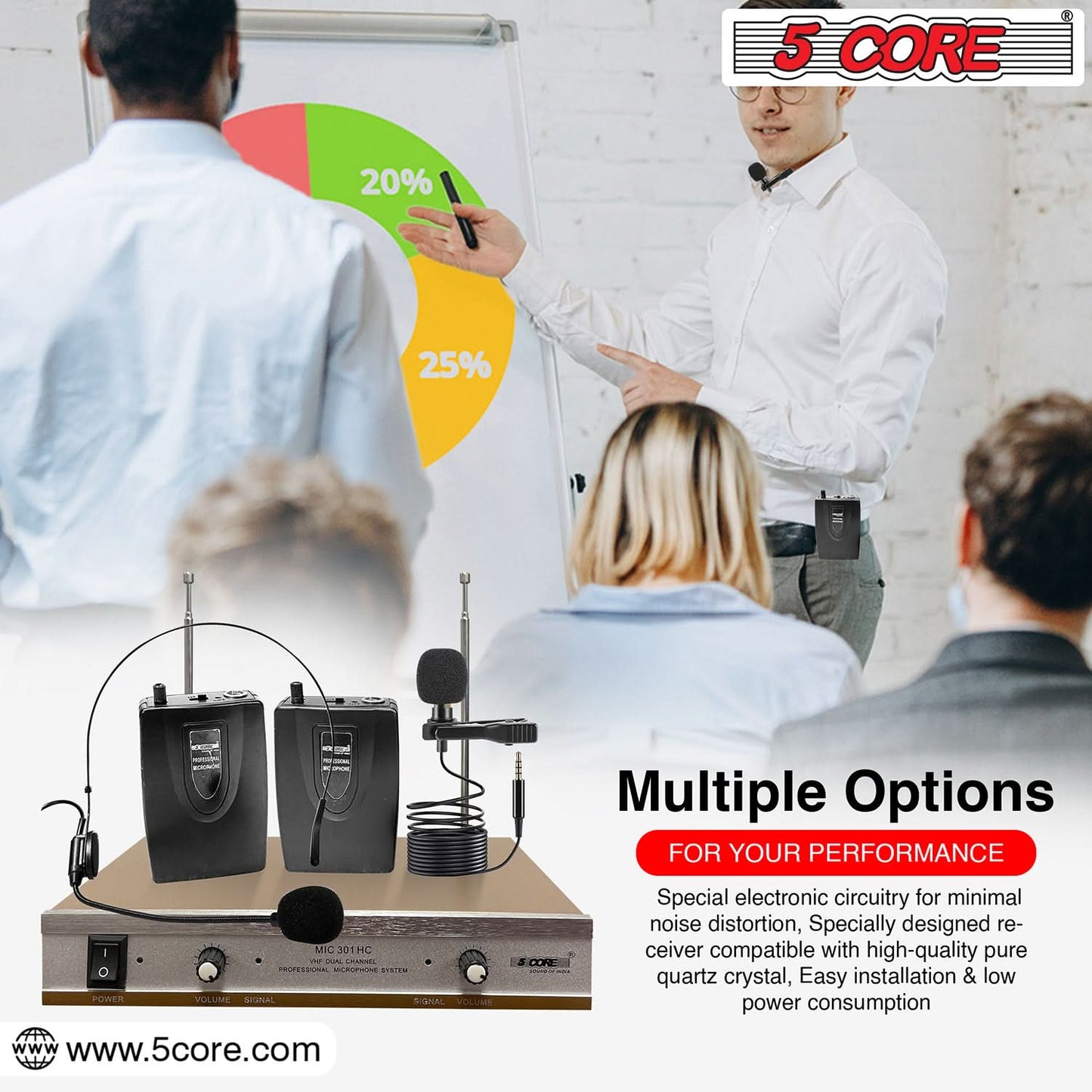 Kit Microphone Sans Fil 5Core – 1 Casque + 1 Micro Cravate + Récepteur VHF