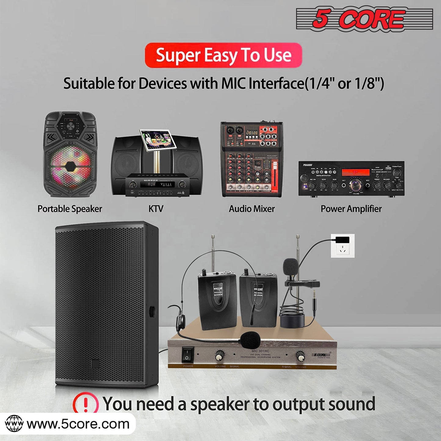 Kit Microphone Sans Fil 5Core – 1 Casque + 1 Micro Cravate + Récepteur VHF