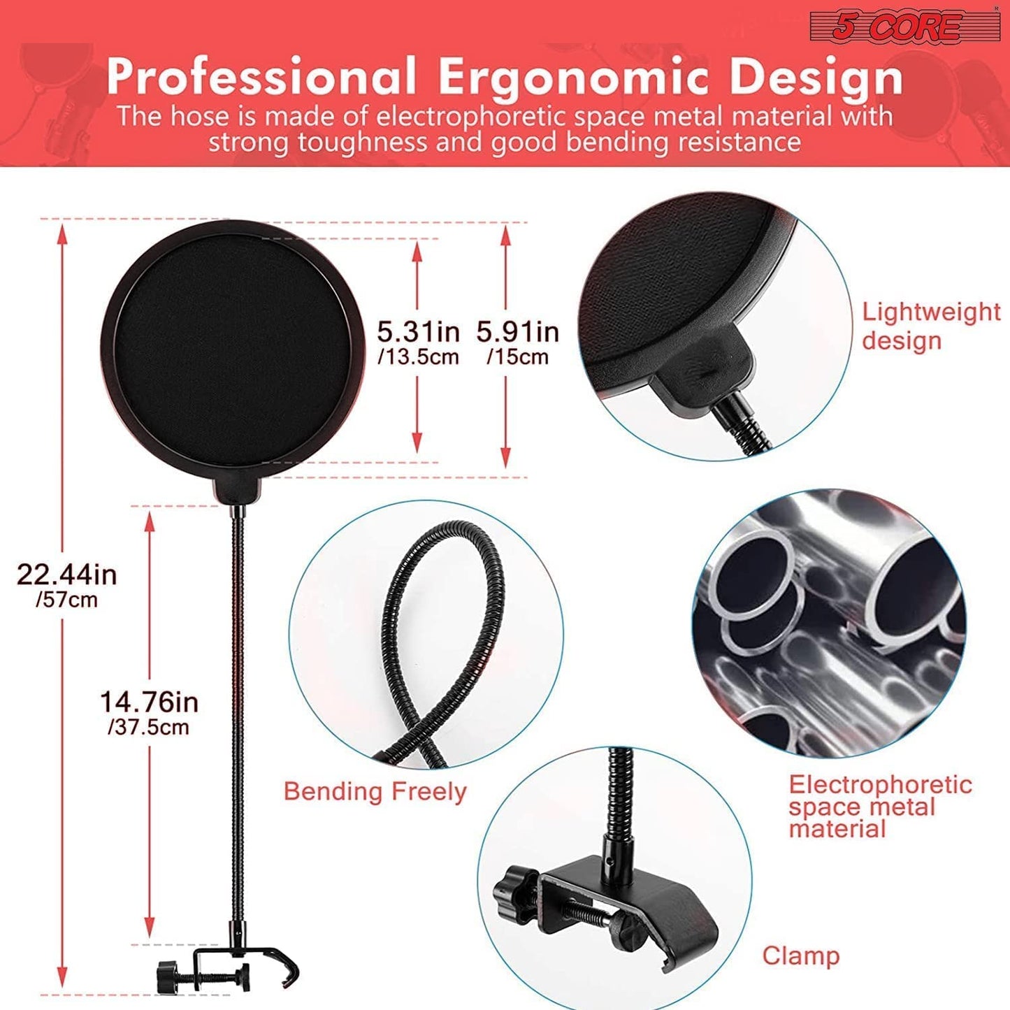 Kit Microphone Podcast 5Core – Condensateur Professionnel + Bras Articulé + Filtre Anti-Pop