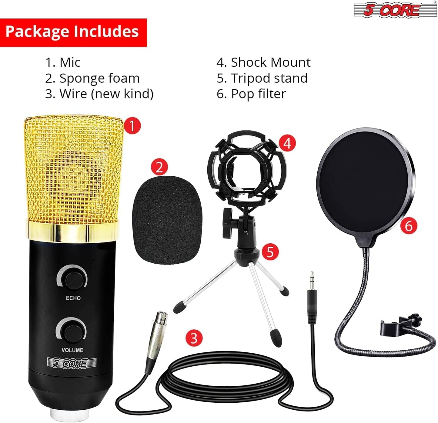 Kit Microphone Podcast 5Core – Condensateur Professionnel + Bras Articulé + Filtre Anti-Pop