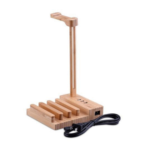 Station de Charge 2-en-1 en Bambou – 3 Ports USB, Support iPhone & Casque