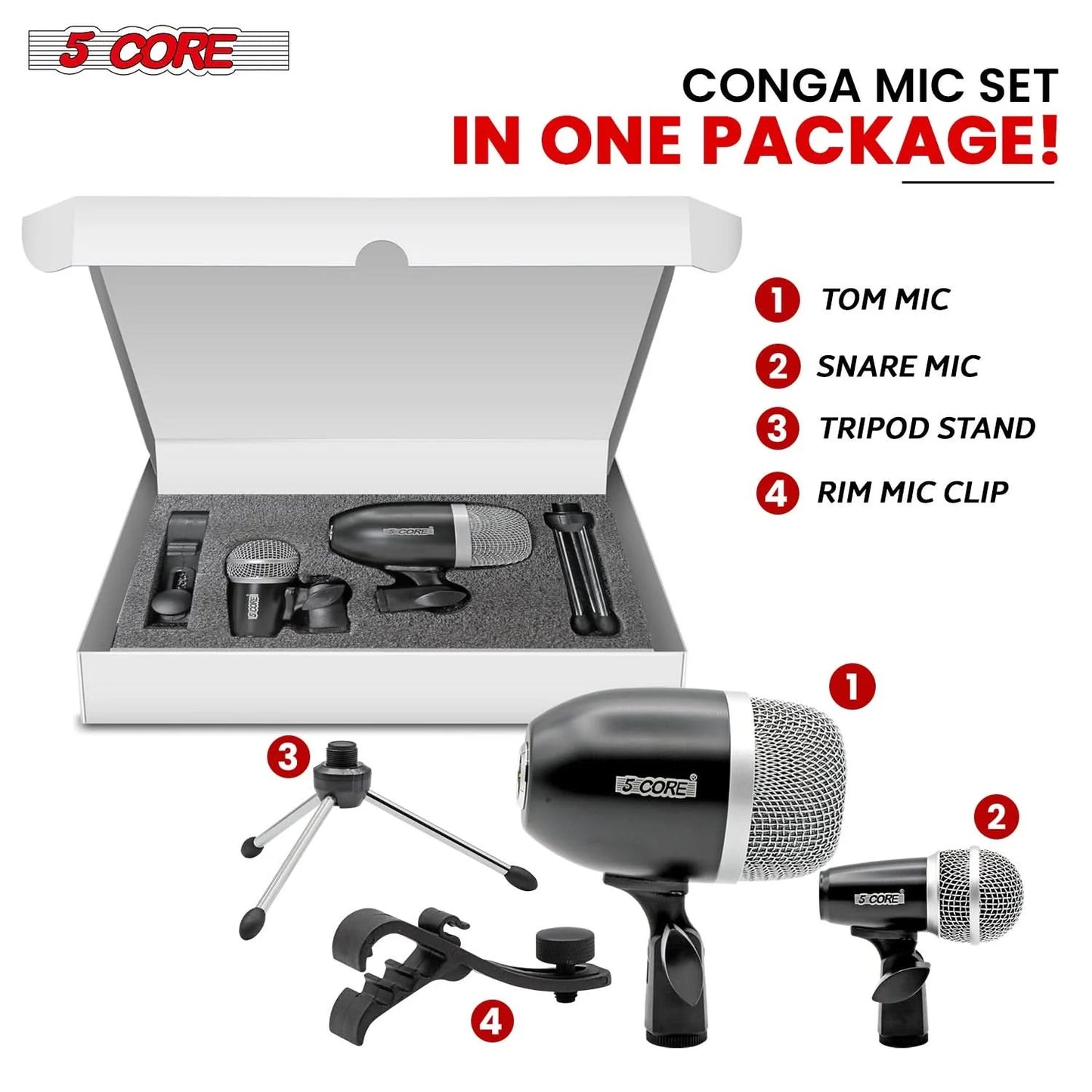 Kit Microphones Batterie 5Core – Micro Tom + Micro Caisse Claire, XLR, Dynamique